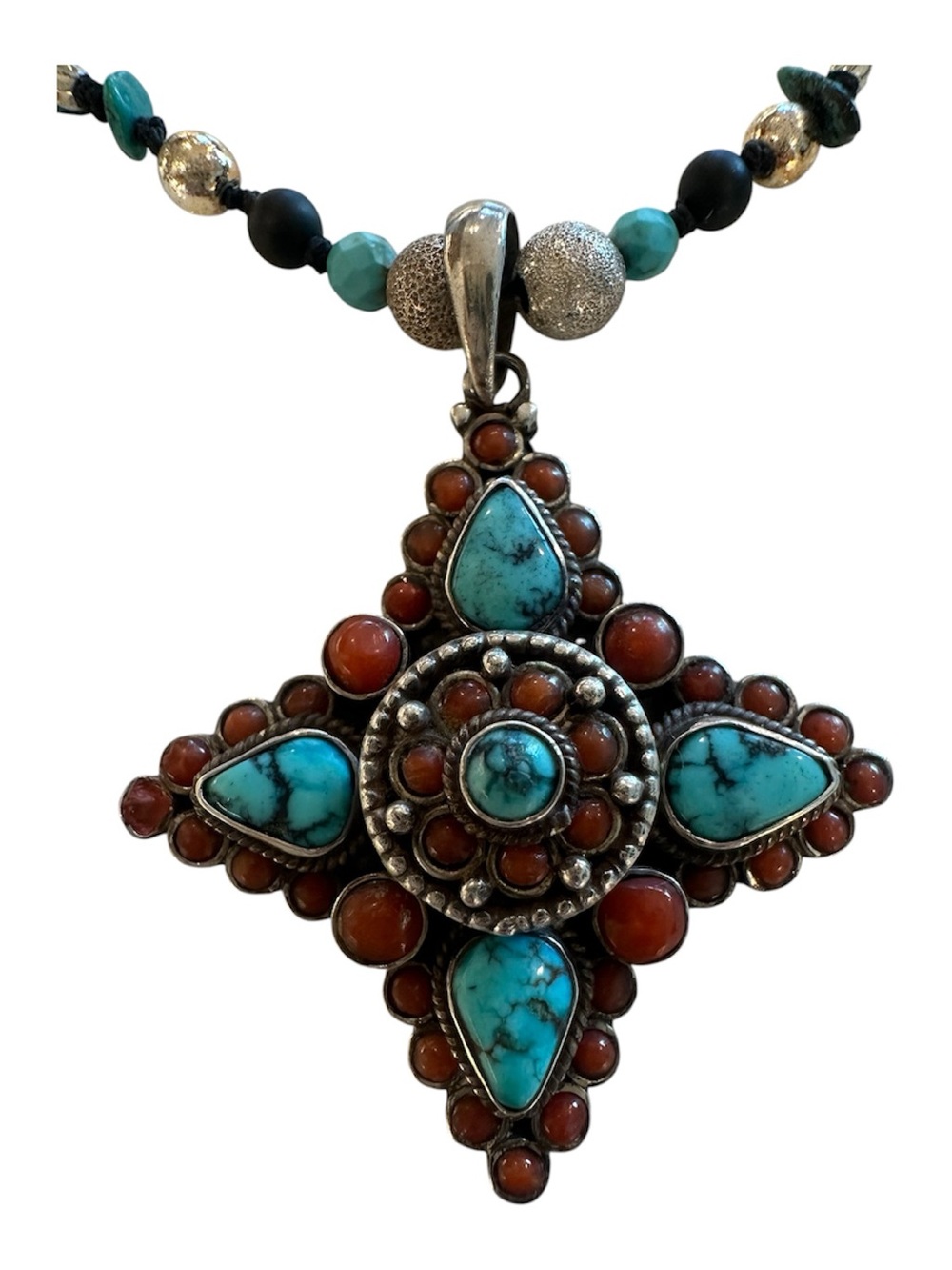 Tibetan Star Sterling Silver pearl Knotted Necklace 21 inches